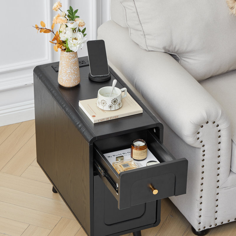 Narrow End Table With Charging Station, Black