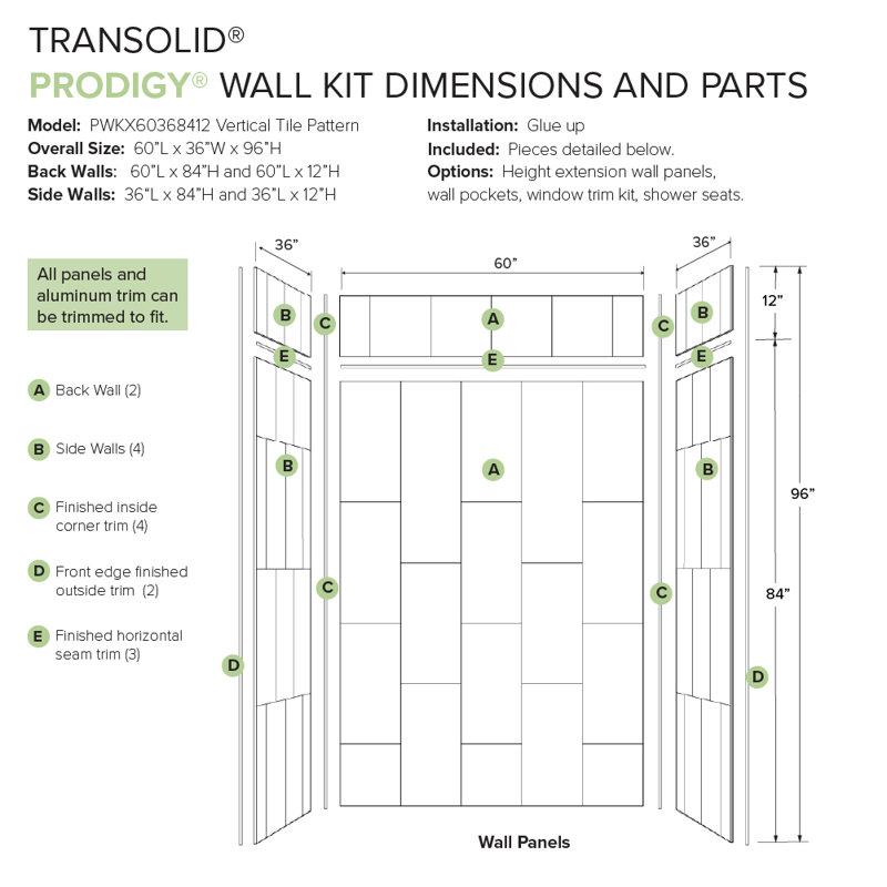 Prodigy 96" High White Solid Surface Shower Wall Kit
