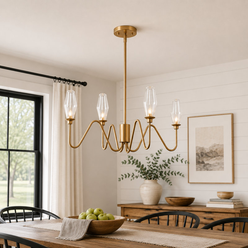 Lustre moderne doré 4 lumières avec abat-jour en verre géométrique transparent