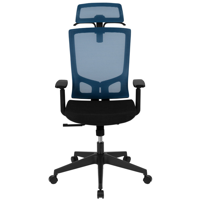 Chaise de bureau avec inclinaison synchronisée, appui-tête réglable, soutien lombaire et accoudoirs réglables, Bleu / noir