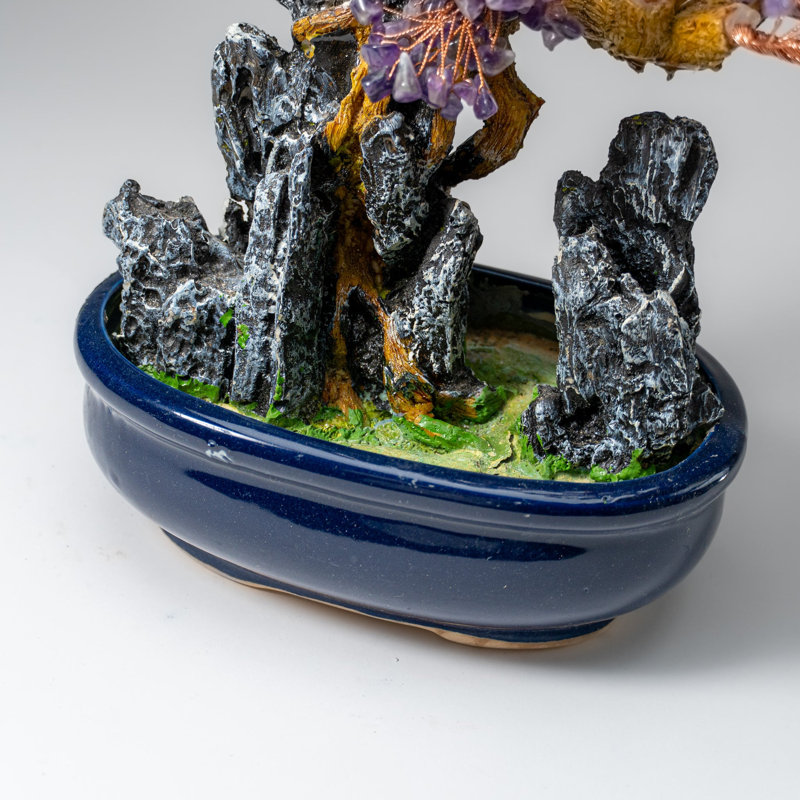Bonsaï en améthyste véritable en pot ovale en céramique (13 po de hauteur)