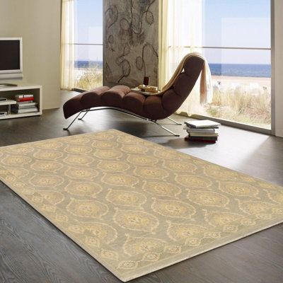 Tapis jaune / gris en coton et en laine noué à la main 8 pi 1 po x 9 pi 11 po Damask