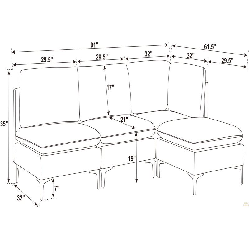 Canapé modulaire en lin rembourré avec pieds en métal, 35" H x 91" W x 61.5" D