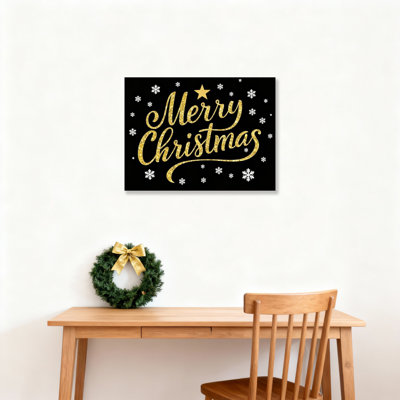 Merry Christmas Gold Glitter Script With Snowflakes And Star Canvas Wrapped Wall Art Oil Painting Print