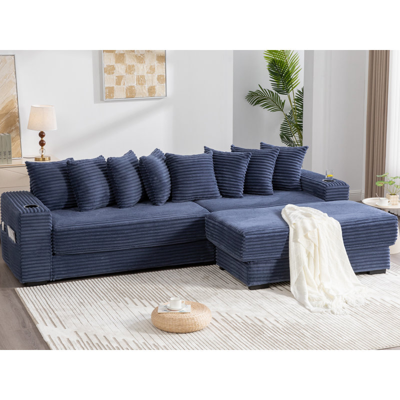 Canapé modulaire réversible en L, Velours côtelé bleu