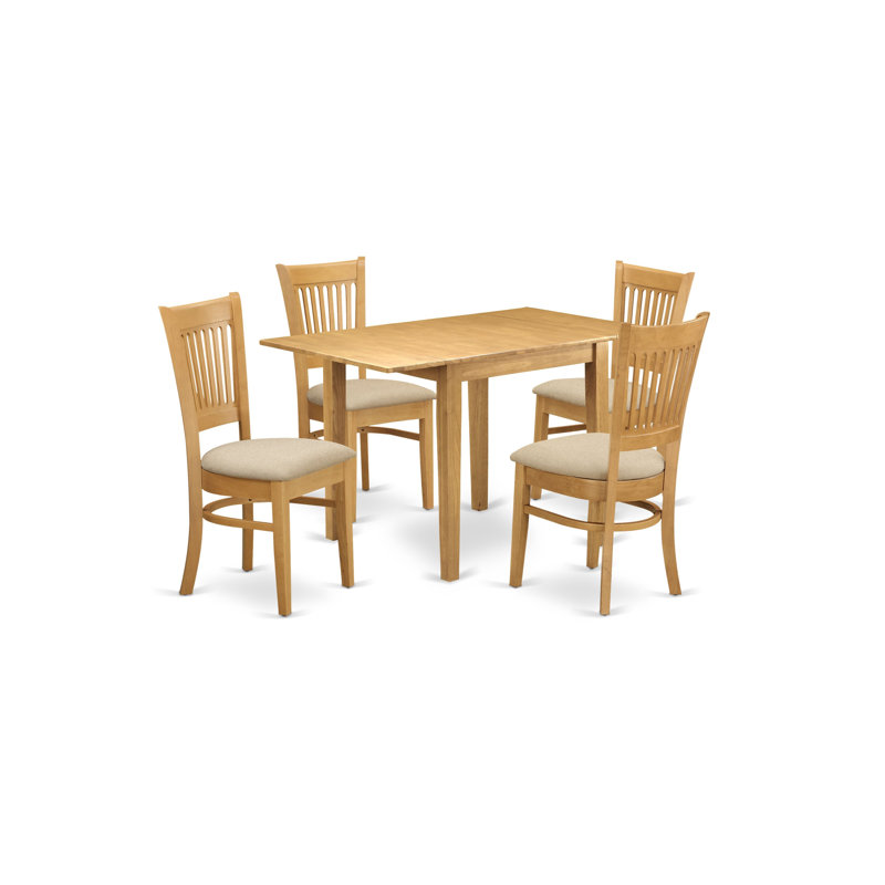L'ensemble 5 pièces de table et chaises de cuisine comprend une table de salle à manger rectangulaire avec Dropleaf et 4 chaises en tissu de lin, chêne