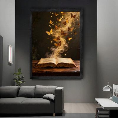 Reproduction d'art encadré noir avec papillon doré et livre mystique