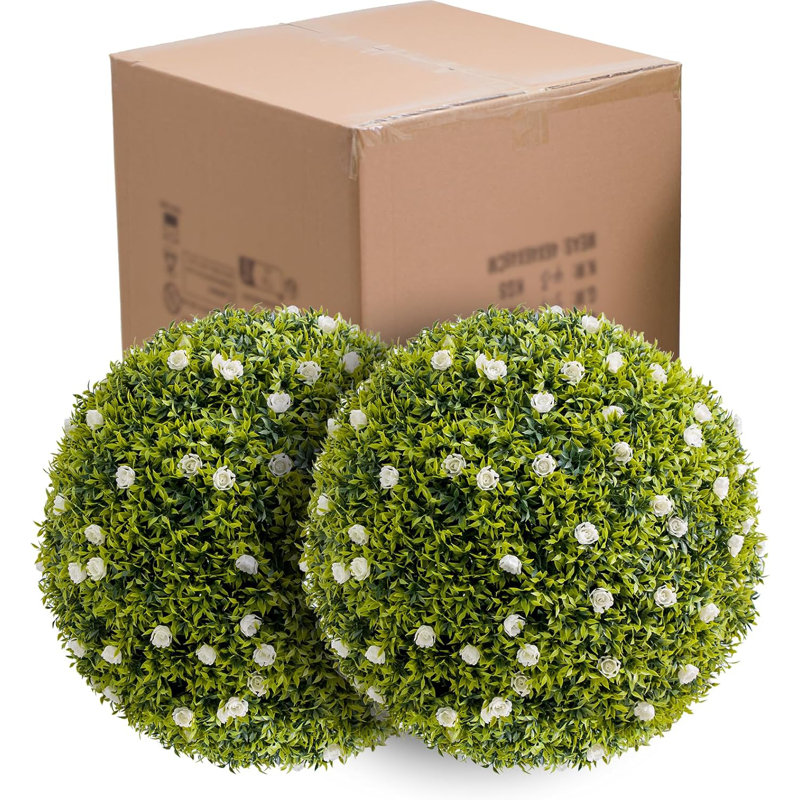 Paquet de 2 boules topiaires artificielles en buis avec fleurs rouges - Faux verdure réaliste pour porche, patio, balcon