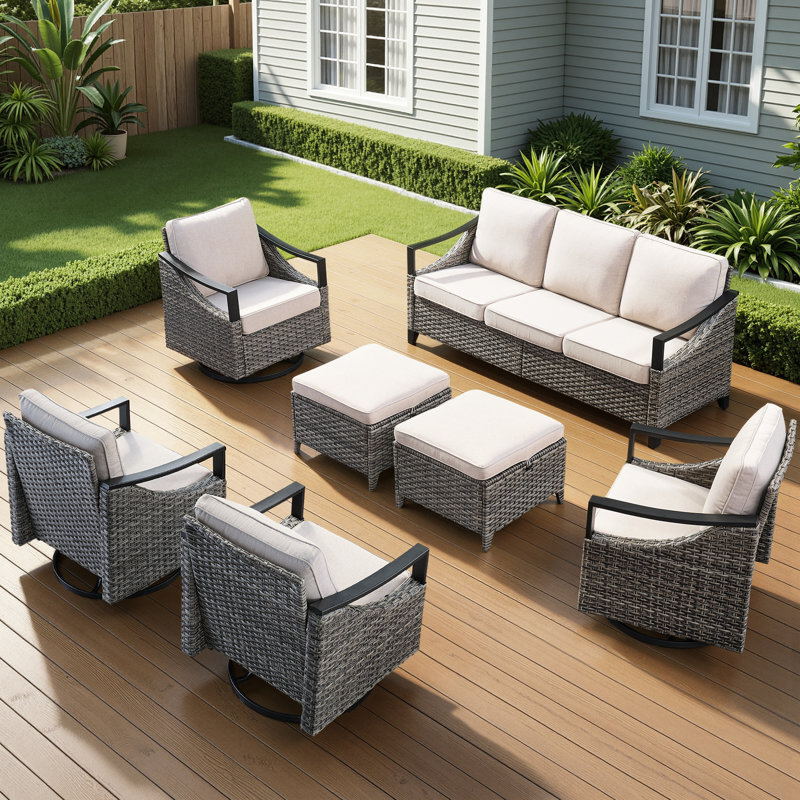 Ensemble de conversation de 7 pièces avec accoudoirs en rotin pour l'extérieur avec repose-pieds et chaises pivotantes, Beige