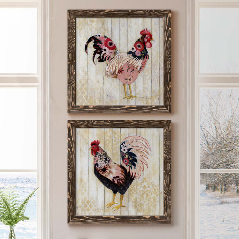 Pecking l'ordre I - ensemble de 2 peintures sur toile encadrées, Cadre noyer, H 20 po x l 40 po x P 1,5 po