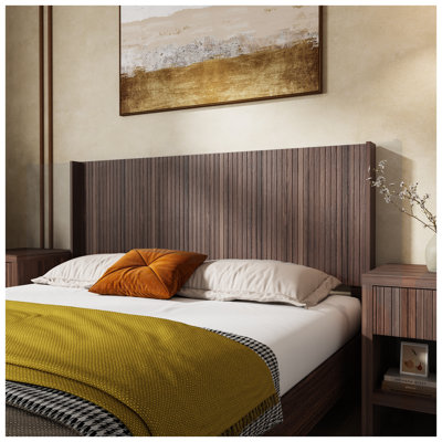 Tête de lit pour grand lit en bois massif de couleur brun noyer de 64,4 po et cadre de lit à panneau de fibres à densité moyenne