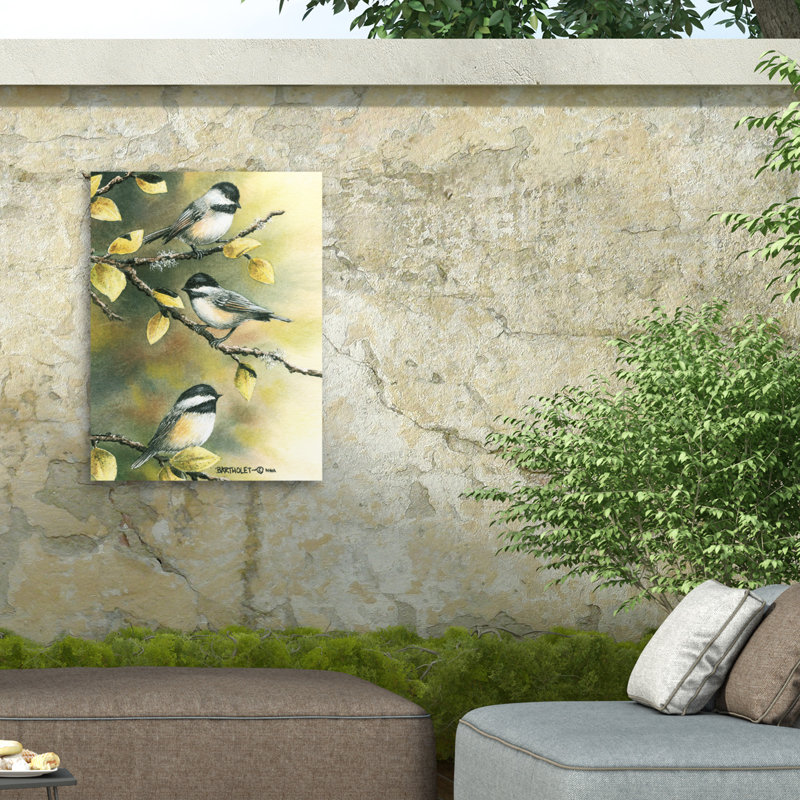 Toile d'extérieur «Trois mésanges» par Dave Bartholet, H 14 po x l 19 po