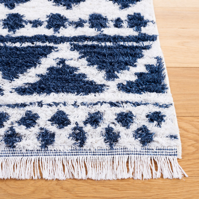 Navy and Ivory Geometric Flat Woven Square Rug