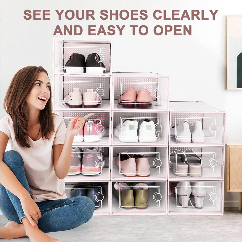 Clear Plastic Stackable Shoe Organizers With Lids, 12 Pack Under Bed Storage Bins For Closet And Entryway, Drop Front Design For Easy Access