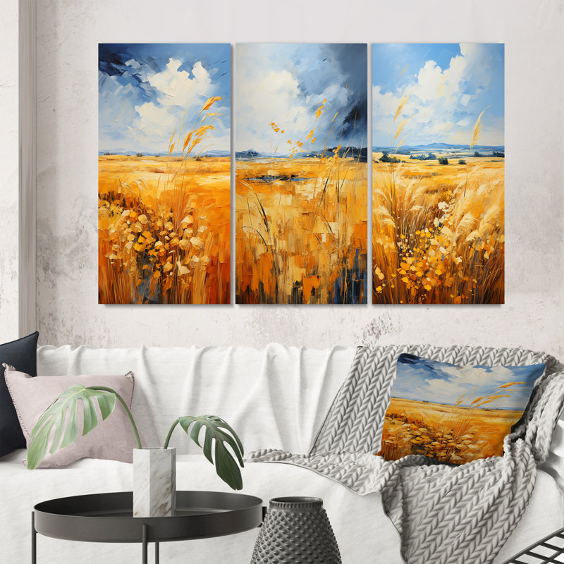«Yellow Blue» Bold Sky and Golden Prairies - ensemble de 3 impressions, Toile tendue, H 32 po x l 48 po