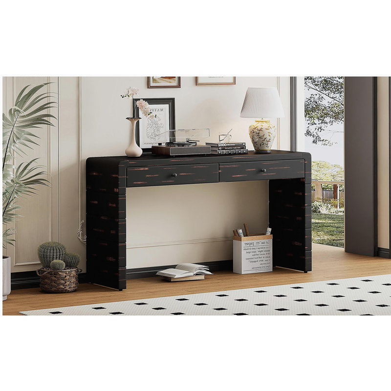 Storage curved coffee table, wooden entry table with two drawers, farmhouse style living room table, suitable for entryways, corridors, living rooms, black finish