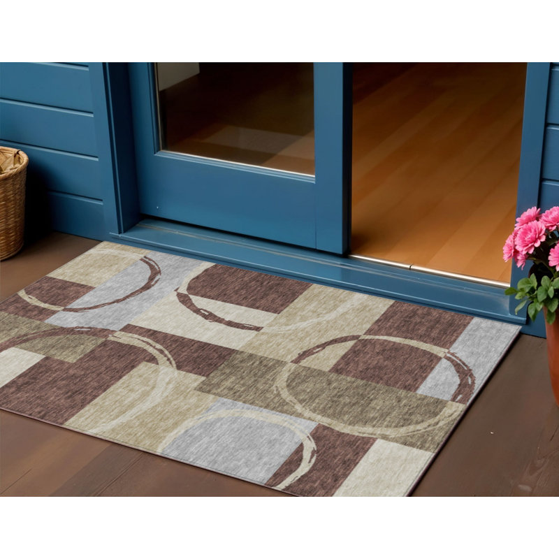 3' X 5' Brown And Ivory Geometric Washable Indoor Outdoor Area Rug