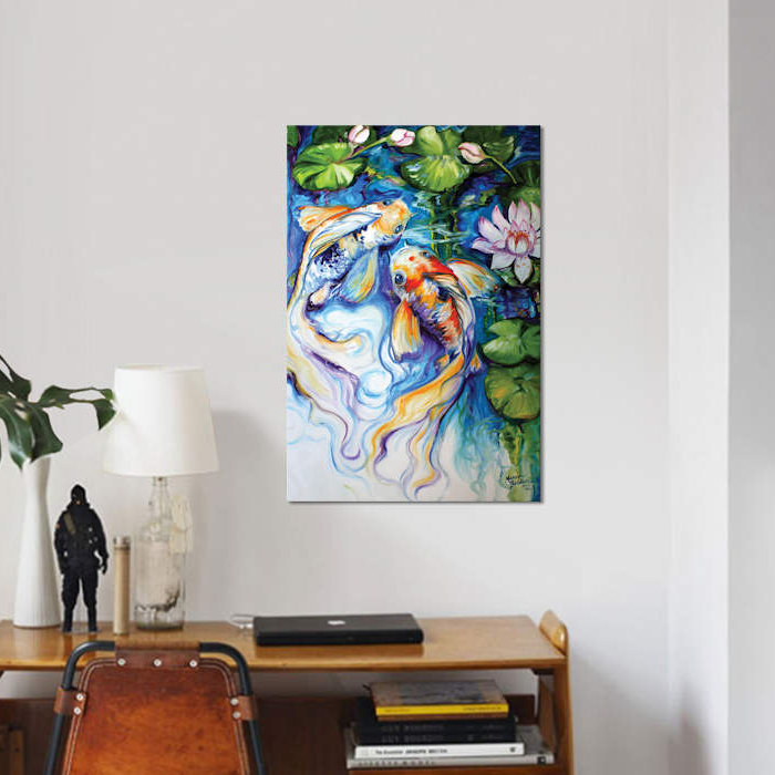 «Koi Koi and Lily», reproduction de peinture à l'aquarelle sur toile, H 12 po x l 8 po x P 0,75 po