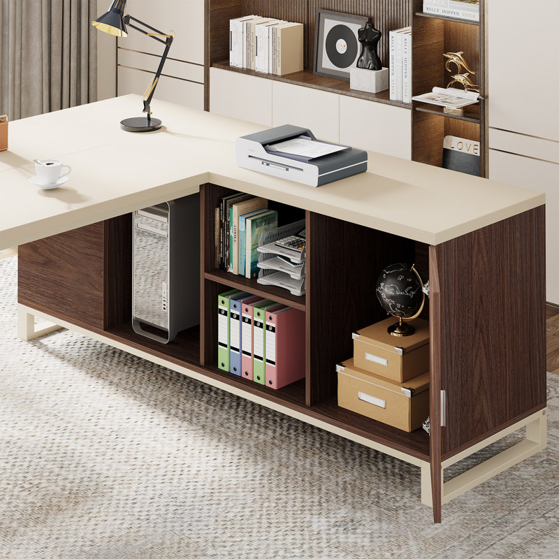 70.87'' Executive Desk and File Storage Cabinet, Beige/Walnut