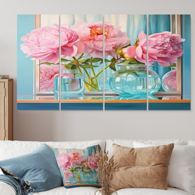 Summer Glam - pivoines roses dans un vase en verre bleu - ensemble de 4 bouquets assortis