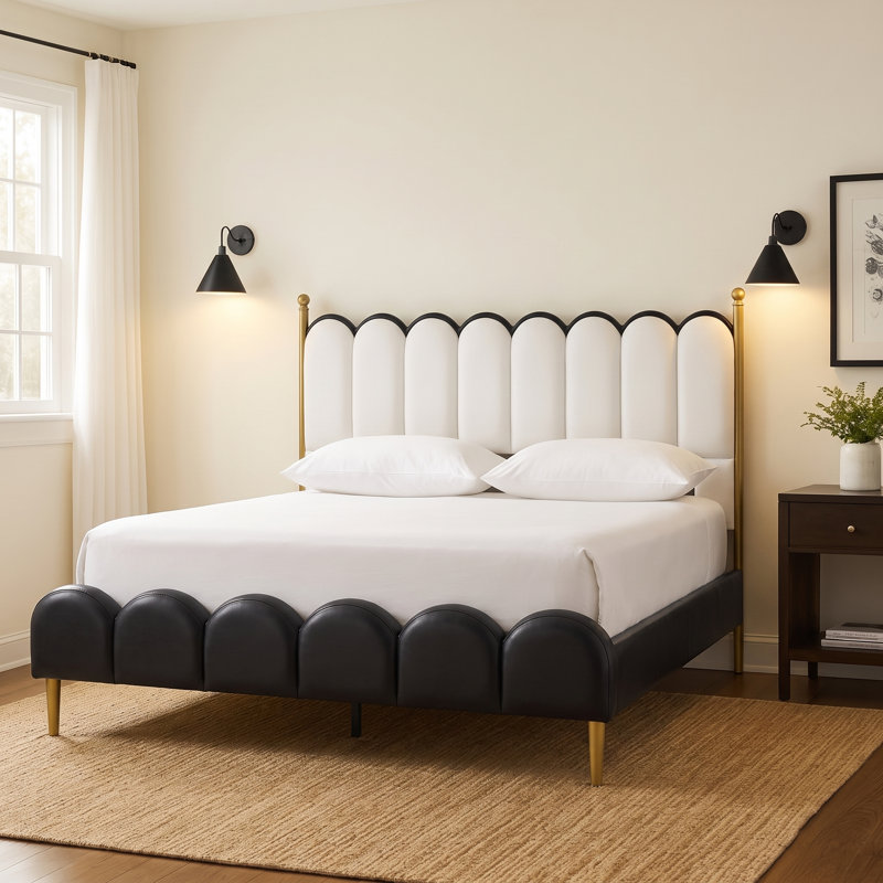 Zechariah PU Leather Upholstered Platform Bed, White/Black, King