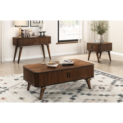 Table rectangulaire à finition noyer avec portes tambour et 2 tablettes pour une finition café moderne