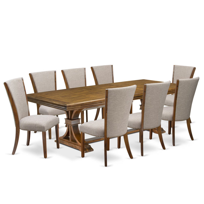 L'ensemble de table de salle à manger 9 pièces comprend une table de cuisine et 8 chaises de salle à manger en tissu de lin brun clair avec dossier capitonné - Finition noyer antique