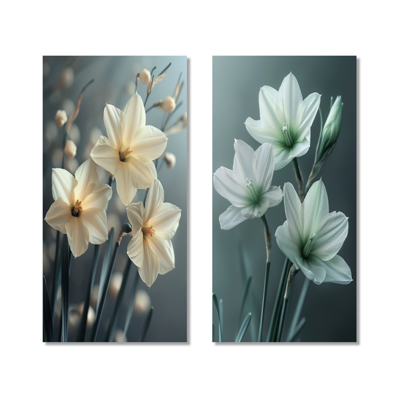 Jonquilles monochromes grises et blanches - Photo I - Jonquille, 2 impressions murales en métal, 32" H x 32" W