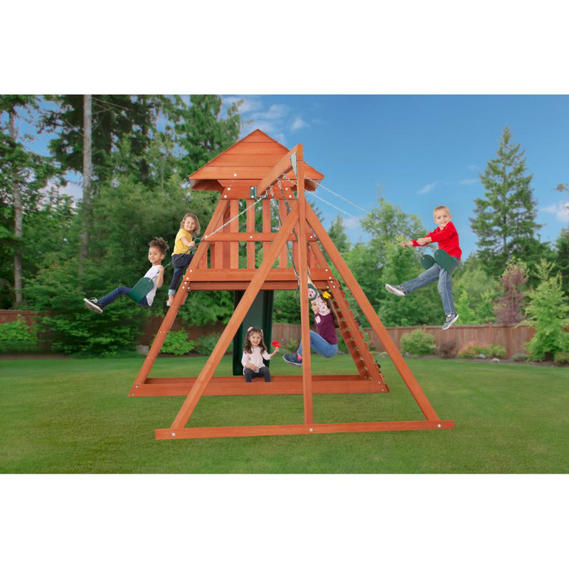 Cedar Chalet Wooden Playset with Slide, Swings, and Fort