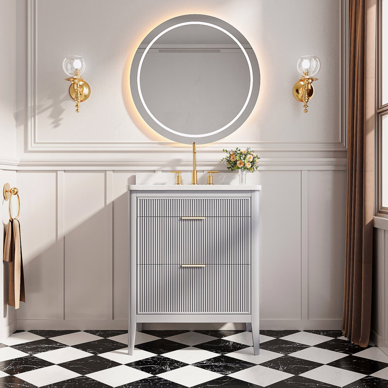 Ensemble de meuble-lavabo autoportant avec 2 poignées et plateau en marbre d'ingénierie, 30", Naturel / naturel