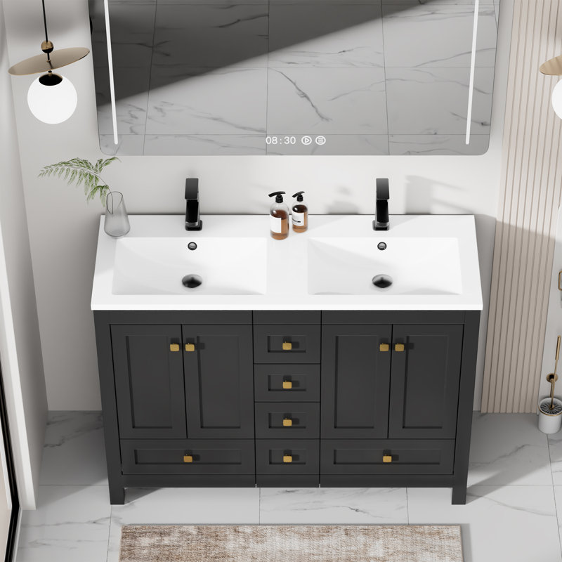Makowski Wimer 48'' Double Sink Bathroom Vanity Set With Resin Top, Faucet, Assembly Required, Black/Gold