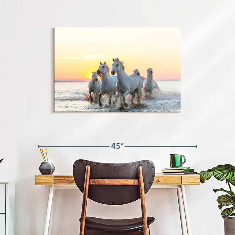 Brampt Camargue Horses At Sunset, 24" H x 36" W