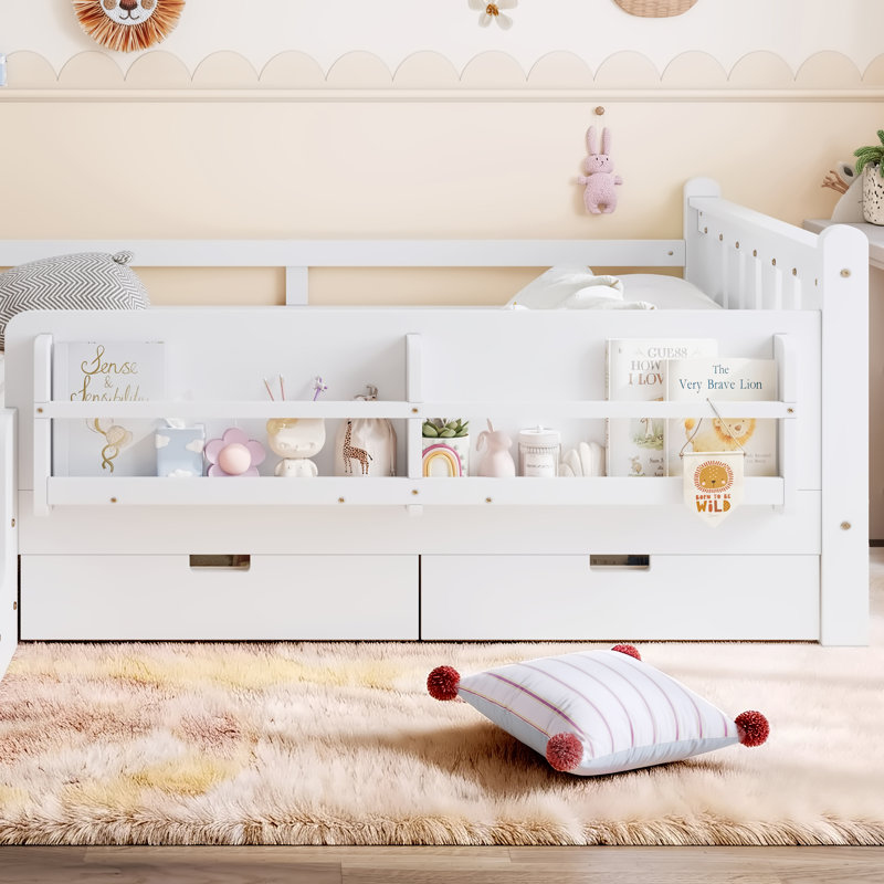 Lit double pleine grandeur pour enfant avec bibliothèque de rangement, tiroirs, escaliers et garde-corps, lit plateforme en bois massif, sans sommier, blanc