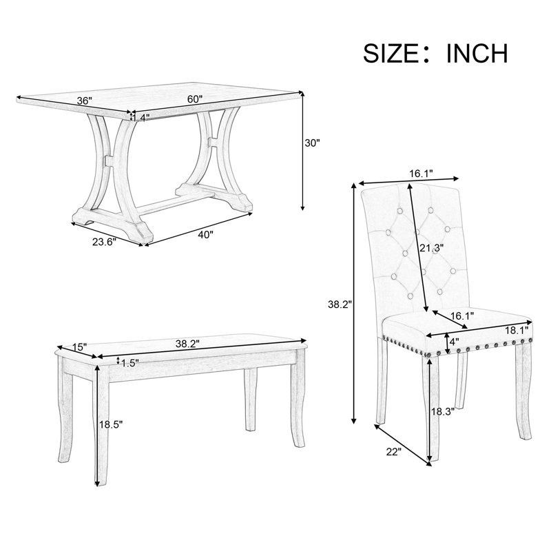 Ensemble de table de salle à manger 6 pièces, table à tréteaux rectangulaire, 4 chaises rembourrées et banc pour la salle à manger