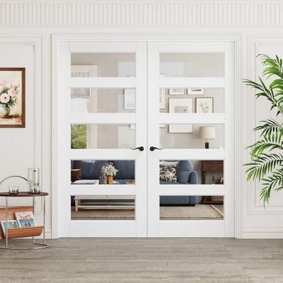 5-Lite Clear Glass French Doors Interior White Primed Solid Core Pantry Door With Jamb / Handles