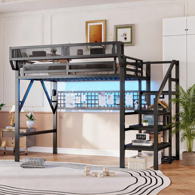 Lit plateforme surélevé pour petites chambres à coucher, construction en métal noir mat, grand lit avec rangement intégré, éclairage et station de recharge pour enfants, adolescents, adultes