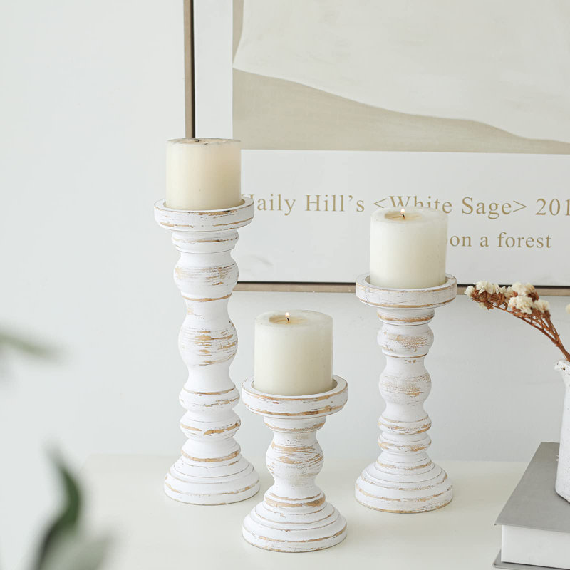 Farmhouse Wood Pillar Candle Holder Set Of 3 For Candlestick, White