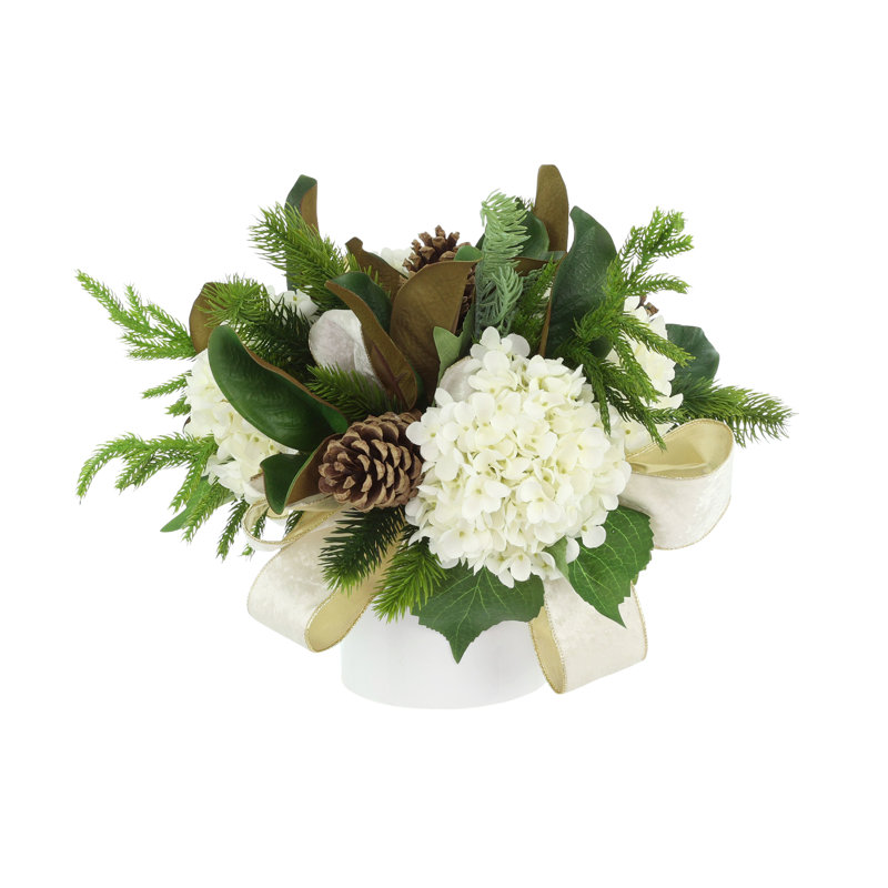 Holiday Arrangement with Hydrangeas, Pinecones and Bows, White