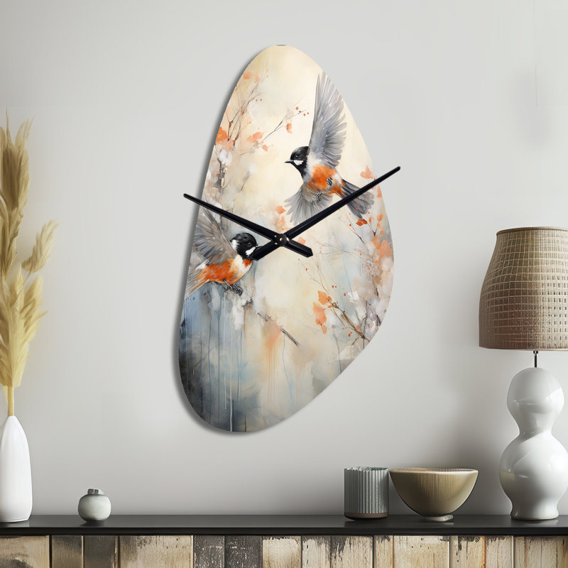 Oiseau Avian Symphony I - horloge murale asymétrique en métal, impression d'horloge murale moderne, Grand