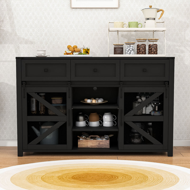 3 Drawers Sideboard Buffet Cabinet with Sliding Barn Door, Adjustable Shelves and Metal Mesh Doors, Black