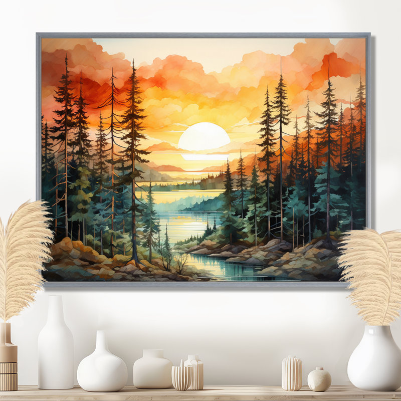 Pin, coucher de soleil brillant II - Pin, art mural, H 30 po x l 40 po, Encadrement argenté