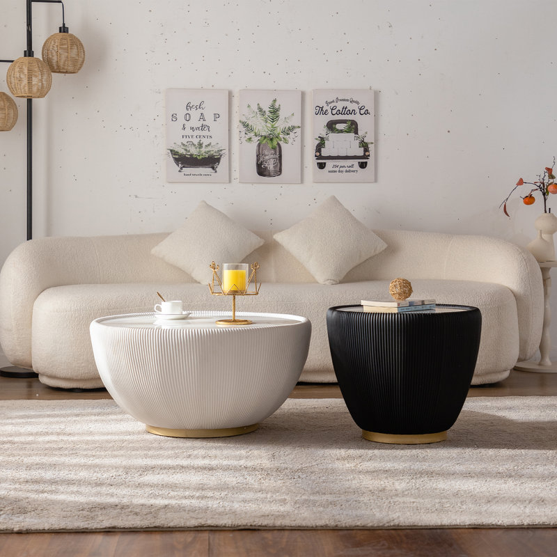 Ensemble de tables basses rondes modernes - Design tambour blanc et noir avec dessus en pierre frittée, revêtement en cuir synthétique, base en métal, l 29,53 po et 19,7 po