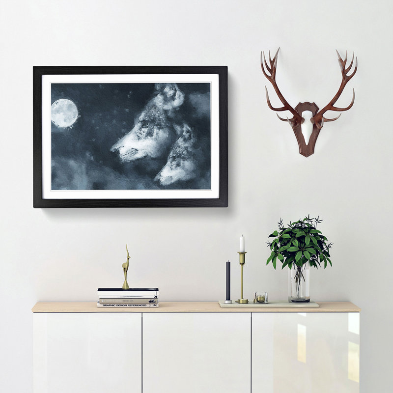 Wolves in the Moonlight - Picture Frame Painting Print, 48cm H x 65cm W x 2cm D, Black Framed