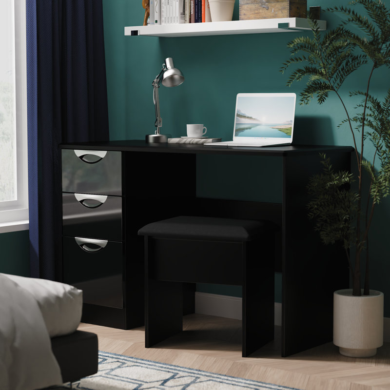 Bhodhini 3 Drawer Desk  (Ready Assembled), Black Gloss/Black