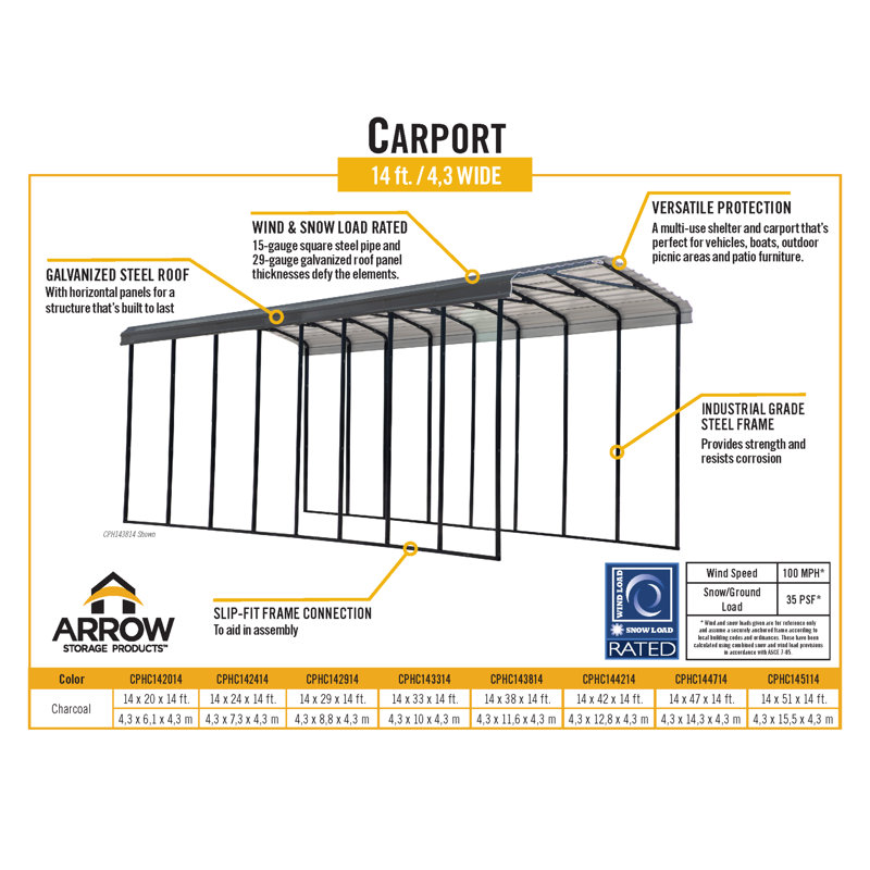 Galvanized Steel Rv Carport, 14X42X14, Charcoal