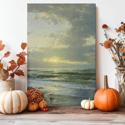 1pc Framed Wall Art Canvas Painting Seascape Sunrise, Waves and Beach, Impressionist Landscape Painting Style Decor Print Vintage Wall Poster Home Decor Perfect Gift for Modern Artwork For Bedroom Living Room