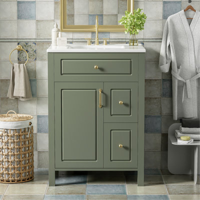 Stylish Bathroom Vanity With Ceramic Sink, Soft Close Doors And Drawers, And Elegant Metal Handles