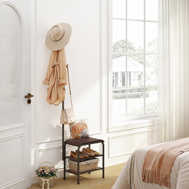 Portemanteau 3-en-1 avec banc à chaussures - portemanteau en métal avec rangement pour chaussures pour l'entrée, le salon, la chambre à coucher et le vestibule