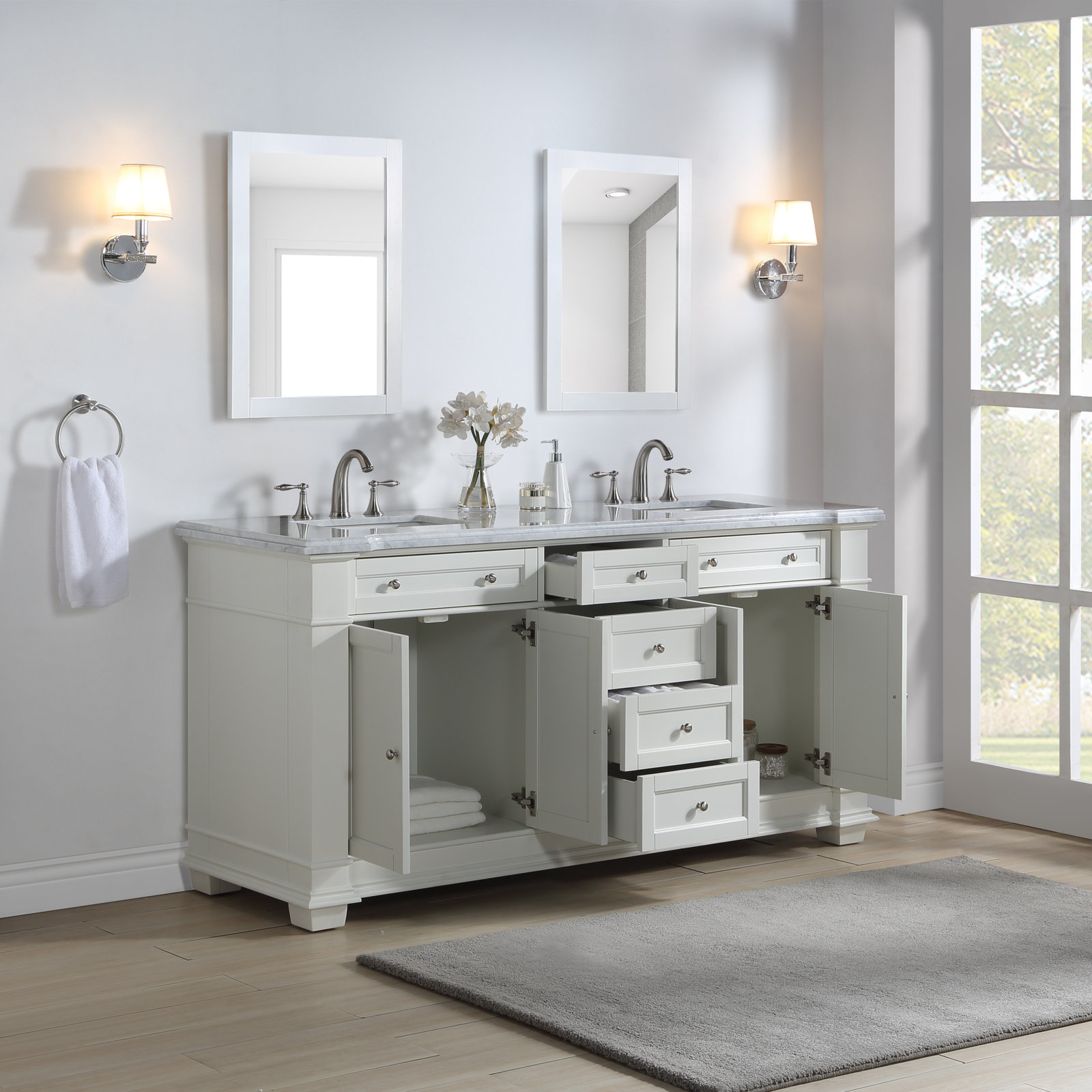 Rea 72" Carrara Marble Double Bathroom Vanity, White