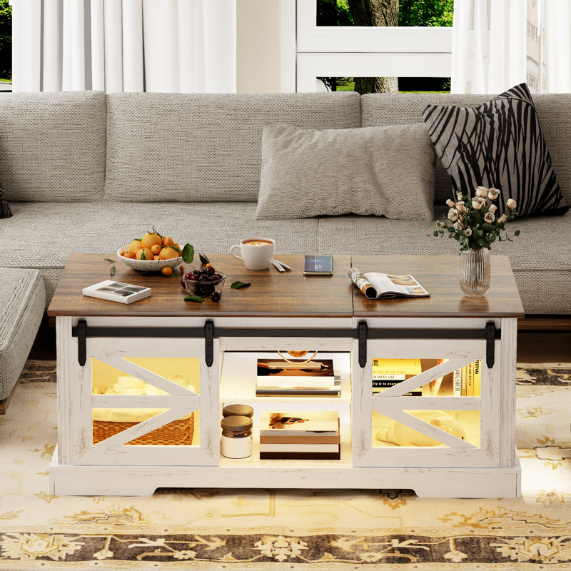 Lift Top Led Coffee Table With Sliding Barn Door, Brown Top/White Base